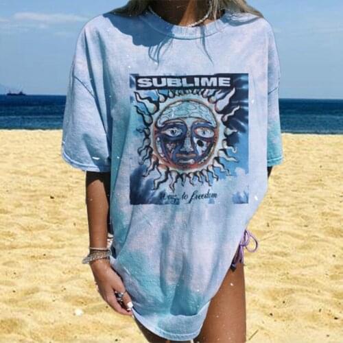 S-3XL Shirt Abstract Sun Printed Blue Tie Dye Loose Plus Size T-shirt 2021 Summer Streetwear Women Short Sleeve Tye Dye