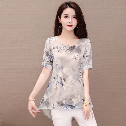 Womens Spring Summer Style Chiffon Blouses Shirt Womens O-neck Printed Short Sleeve Korean Loose Tops SP143
