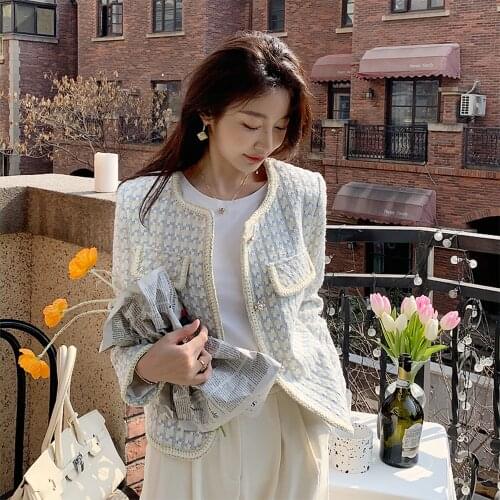 Womens Spring Autumn Casual Elegant Short Coat Plaid Outwear High Quality French Vintage Small Fragrance Tweed Jacket Coat
