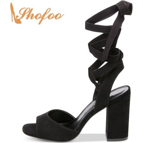 Cross-Strap High Chunky Heels Sandals Woman Lace Up Open Toe Large Size 11 16 Ladies Summer Dress Shoe Mature Fashion Black 2021