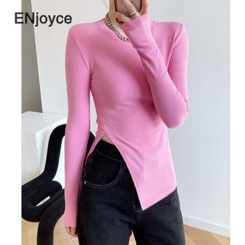 Women Padded Shoulder Long Sleeve T-shirt Slim Sexy Split Tee Cotton Tshirt Cropped Tops Korean Stylish Round Neck Clothes