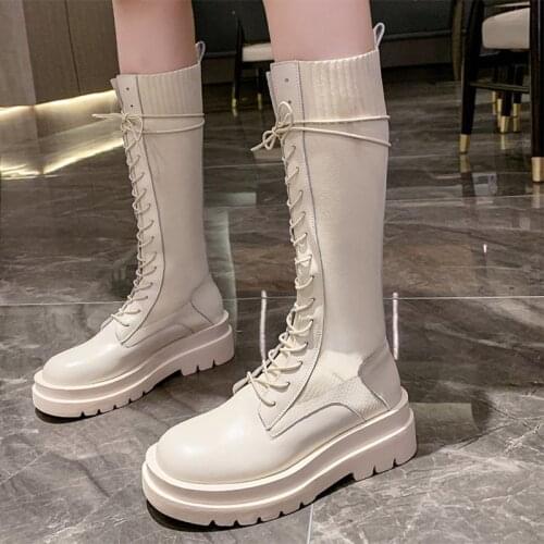 Women Mid Calf Boots Thick Platform Lace Up Sock Shoes Female Stretch Knitted Boot Fashion Ladies Shoe 2021 Autumn Winter