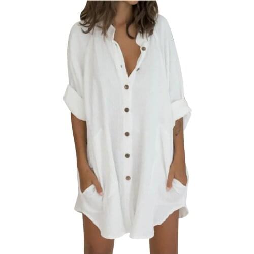 Woman Long Shirt Dress Cotton Korean 3/4 Sleeve White Boho Beach Big Maxi Summer 2021 Autumn Oversized Mini Dresses فساتين jurk