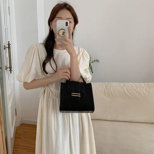 2021 New Women Summer Beige Vintage Pearl Chain Long A-line Dress Puff Sleeve High Waist Pullover Maxi Sundress