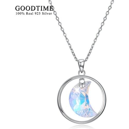 Luxury Crystal Necklaces Women 925 Sterling Silver Jewelry Sparkling Moon Crystal Round Pendant Necklaces Romantic Wedding Gift