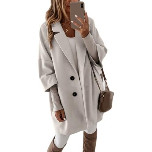 Women Autumn 3/4 Sleeve Solid Color Faux Wool Coat Notched Lapel Buttons Loose Outerwear Basic Midi Long Jacket with Pockets
