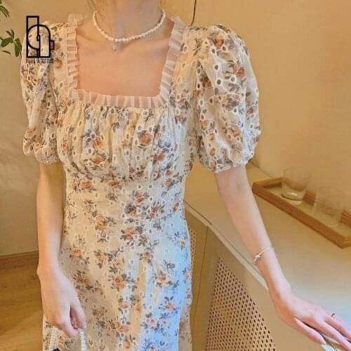 Luck A Summer Vintage Floral Dress Women Sweet French Retro Lace Up Elegant Midi Dress Casual Puff Sleeve Party Dresses 2021