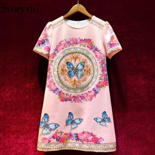 Svoryxiu Runway Fashion Summer Vintage Short Dress Womens Short Sleeve Butterfly Flower Print Diamond Pink Dresses