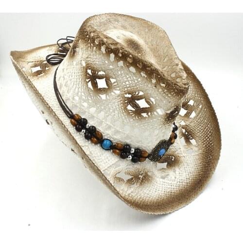 100% Handwork Summer Womens Mens Raffia Hollow Western Cowboy Hat For Gentleman Western Word Cowgirl Jazz Sombrero Sun Cap
