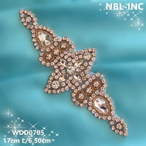 30PCS )Wholesale hand beaded sewing bridal rose gold rhinestone applique patch iron on for wedding dresses WDD0705