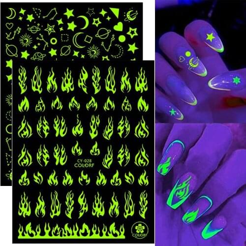 3d Luminous Nail Stickers Flame Butterfly Star Moon Summer Design Glow In The Dark Sliders Manicure Decorations Nail Equipment