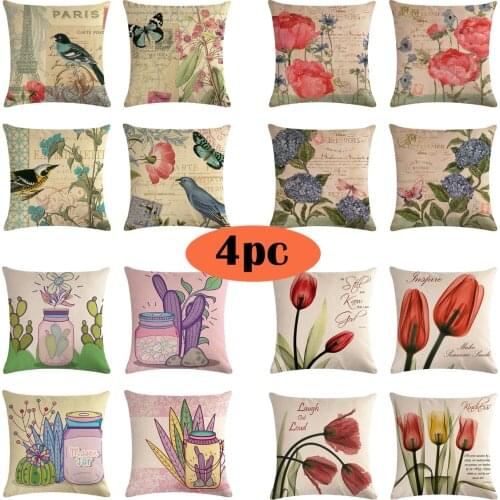 4pc Hand Painted Vintage Floral Cushion Covers Hot Retro Flowers Birds Tulip Rose Linen Pillow Case Sofa Couch 18" Throw Pillows
