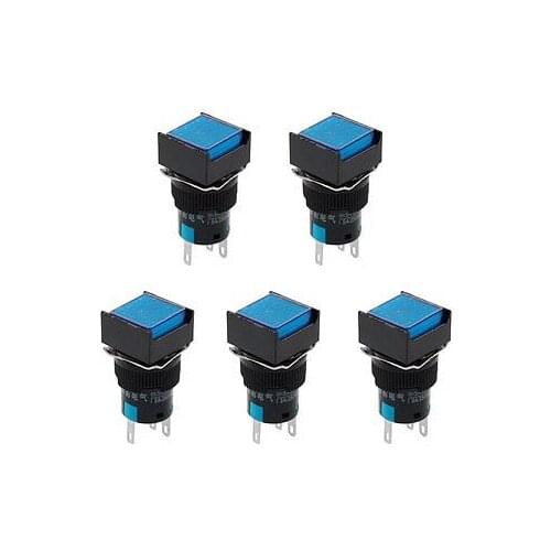 5 x DC 24V Blue Light 5P Latching Panel Mount Squared Push Button Switches
