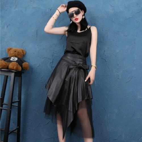 Irregular Genuine Pleated Skirts Spliced Mesh Real Leather A-Line Skirt With Belt Elegant Slim Ladies Casual Streetwear