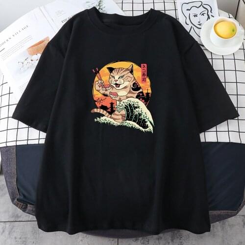 Ukiyo-e Surf Sushi Cat Printing Womens T-Shirt Hip Hop Casual T Shirts Style Loose Tee Shirts Fashion Summer T Shirts Women