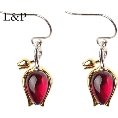 2019 New Fasion Real 925 Silver Gemstone Garnet Pendant Necklace Earring&Ring Set Elegant Tulip Wedding Jewelry Gift