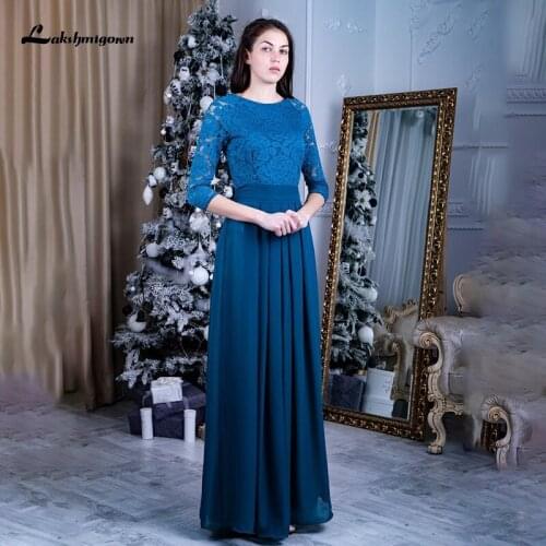 Lakshmigown Blue Lace Mother of the Bridal Dresses with Sleeves Floor length Modest Evening Gown Custom Sizing Teal Formal Dress