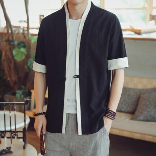 Summer Short Sleeve Shirt Men Cotton Linen Solid Color Kimono Shirt Male Cardigan Chinese Style Plus Size Casual Vintage