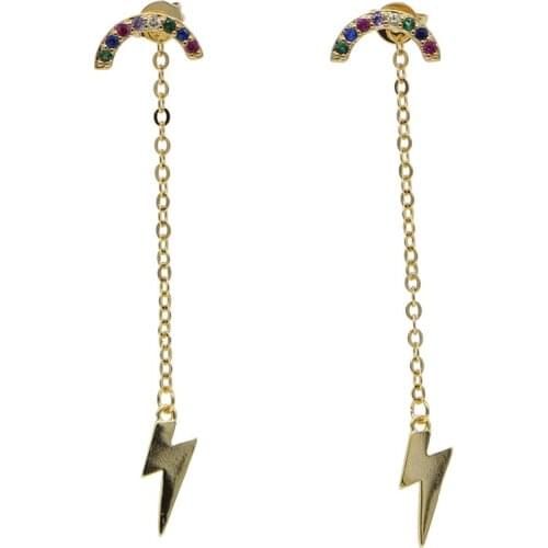 Mini linghting charm with rainbow drop earring pave colorful CZ gold color tassel elegance gift women chain earring jewelry