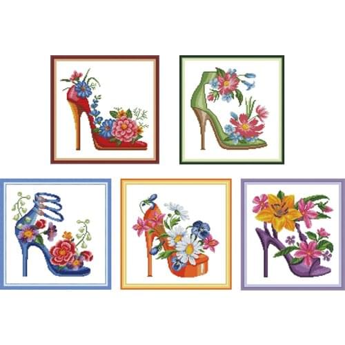 Joy Sunday Fashion High Heels Stamped Cross Stitch Kits Embroidery Kit Fabric for Cross Stitch Needles DMC Thread DIY Needlework