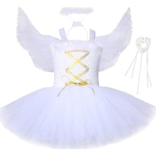 White Feather Girls Guardian Angel Tutu Dress Birthday Party Dress Up Kids Halloween Angel Cosplay Costume with Wings Fairy Wand
