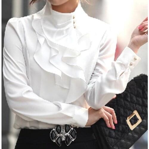 Fashion Womens Shirt Stand Collar Long Sleeves Lace Patchwork Ruffles Lace Up Elegant Casual Jumpsuit Blouse Tops