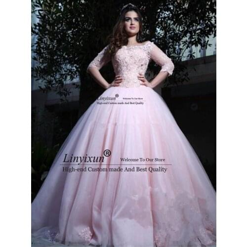 Modest Pink Ball Gown Quinceanera Dresses Bateau Neck 3/4 Sleeves Lace Tulle Corset Lace Up Sweet 16 Dresses Prom Dresses
