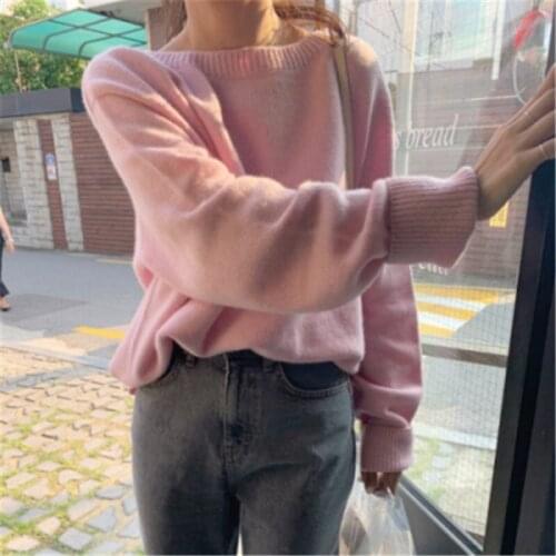Korean Chic New Minimalist O-neck Sweater Women Sweet Pink Long-sleeved Loose Bottoming Knitted Casual Pullovers Top for Autumn