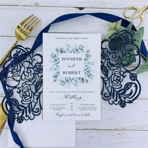 Dark Navy Laser Cut Wrap with Bowtie And Customized Insert, Floral Touched Wedding Invitation