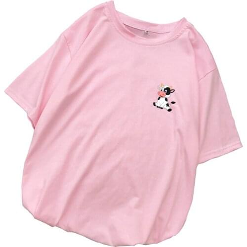 Womens t-shirt 2021 Summer Casual Short Sleeve Femme Harajuku Cute Dairy Cattle Cartoon Print Kawaii T Shirt Streetwear Tops