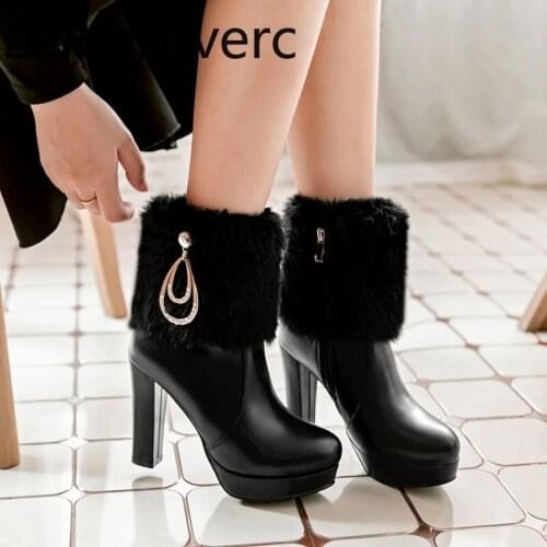 Womens Boots winter The New plush Round head Crystal Metal Decoration zipper High heel Short tube Womens shoes plus size 34-43