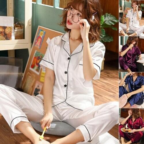 Womens Summer Short Sleeve Silk Pajama Sets Sleepwear Suits Pajamas Plus Size