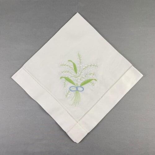 12 PCS Napkins White linen Hemstitched Table Napkin 20x20-inch Ladder Embroidered Lily Flower Dinner