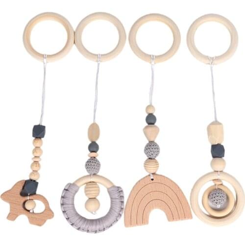 4 Pcs/Set Baby Play Gym Frame Stroller Hanging Pendant Wooden Ring Teether Molar 63HE