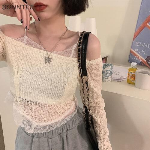 Blouses Women Crop Top Lace Thin Summer Slim Fake Two Pieces Design Slash Neck Blusas De Mujer Sexy Translucent Harajuku Trendy