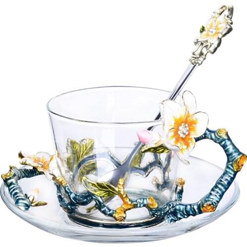 European heat-resistant Enamel glass coffee cup and saucer set small fresh and simple household small luxury creative tea cup