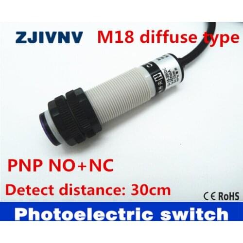 M18 diffuse type PNP NO+NC DC10-30V 4 wires photoelectric sensor switch detect distance 30cm adjustable high quality ce approval