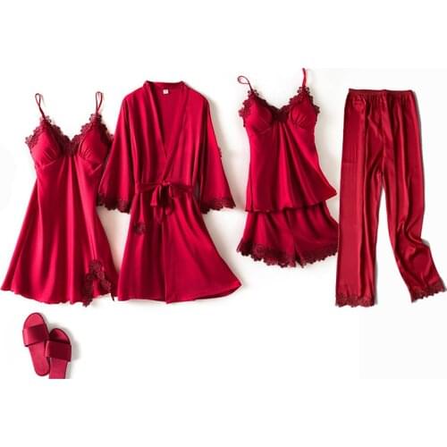 Women Robe Kimono Faux Silk Bathrobe Gown 5 Piece Sexy Sleepwear Nightwear With Lace Satin Bridal Wedding Gift Intimate Lingerie