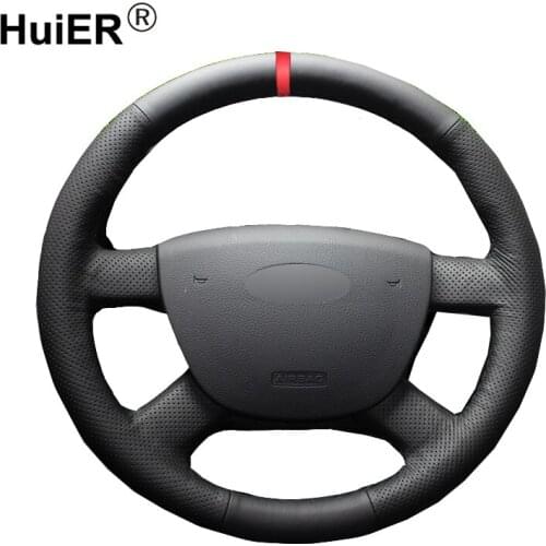 HuiER Hand Sewing Car Steering Wheel Cover Wear-resistant Car Styling Red Marker For Ford Focus 2 2005-2011 Car Steering Cover