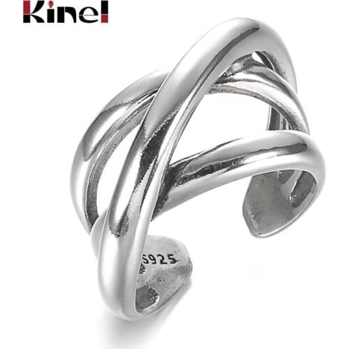 Kinel 2020 Hot 925 Sterling Silver Big Rings Minimalism Style Multilayer Line Cross Rings For Women Gifts