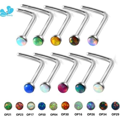 1PC Hot Opal Stone Nose Ring Piercings 20G Steel L Shape Opal Gem Steel Nose Stud Ring Piercing Jewelry Mixed 10 colors