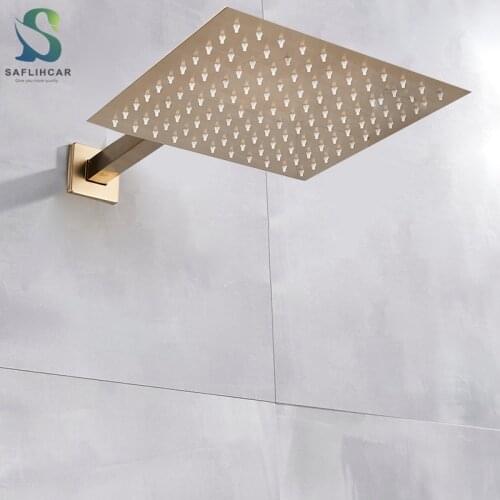 Brushed Gold 12 Inch Ultra-thin Square Shower Top Spray With Brass Shower Arm Wall-mounted Rain Type Bathroom Shower Faucet