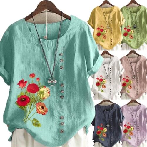 New Summer Fashion Flowers Printed Linen T-shirt Ladies Short Sleeve O-neck Blouse Womens Loose Tops Plus Size