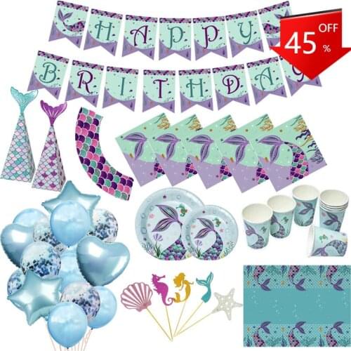 Happy Mermaids Party Set Birthday Party Tableware Paper Cups Plate Latex Balloons Baby Shower Party Decorations