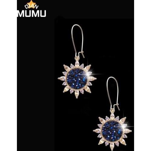 Korean version new blue round rhinestone earrings fashion simple and versatile temperament female wedding earrings gemstones