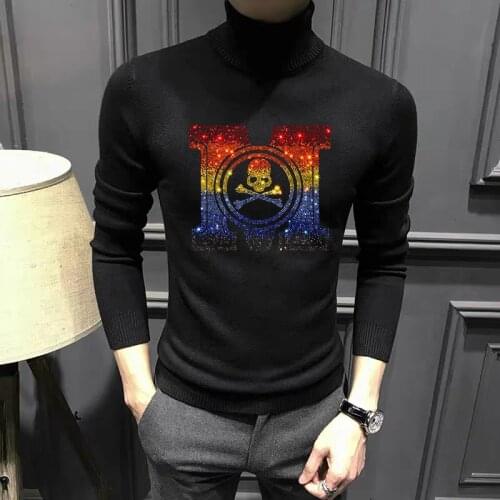 Mens Turtleneck Sweater Letters Hot Rhinestone Warm Knit Casual Autumn/Winter Long Sleeve Comfortable Pullover New Tops