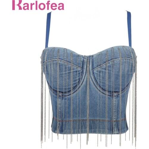 Karlofea Girls Nightclub Party Crop Tops Chic Chain Tassel Fringe Padded Bra Fashion Casual Streetwear Jeans Denim Camis Clothes