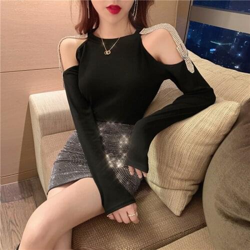 Spring strapless T-shirt long-sleeved womens new Korean version diamond fashion slim slimming bottoming shirt tops