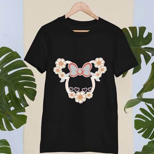 Minnie Mouse Head Kawaii Pattern Women T-shirts Disney Dropship Fashion Outdoor Style Black White T Shirts Female Loose O-Neck