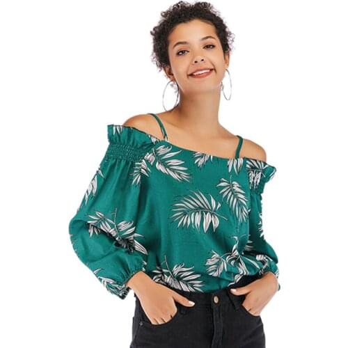 Womens Clothing Leaf Printing Strap Chiffon Shirt Female Word One Shoulder Print Green M